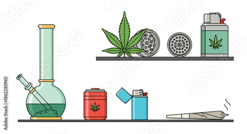 Cannabis-themed illustration featuring a glass bong, grinder, lighter, and joint arranged on shelves with marijuana leaves.