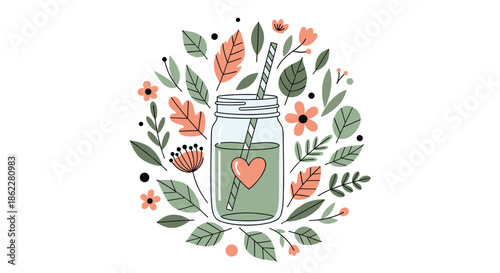 Healthy green smoothie in a mason jar with a heart symbol surrounded by a beautiful wreath of colorful leaves and flowers.