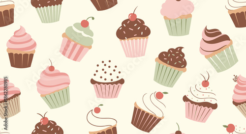 Delicious seamless pattern featuring an assortment of colorful cupcakes with diverse frostings, cherries, and sprinkles.