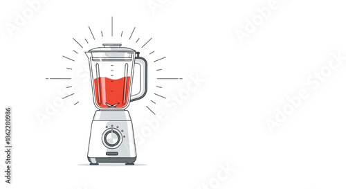 Modern kitchen blender filled with a red fruit smoothie and surrounded by dynamic motion lines on a plain white background.