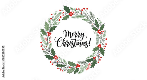 Beautiful Merry Christmas wreath design composed of holly leaves, pine needles, and clusters of bright red berries.
