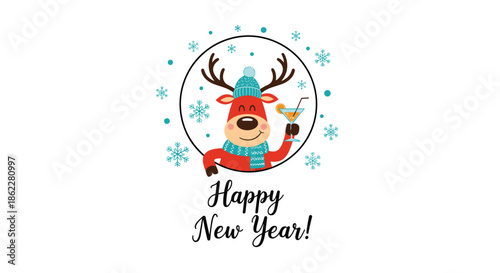 Festive Happy New Year greeting card featuring a cute reindeer with a scarf and hat holding a celebratory orange cocktail.