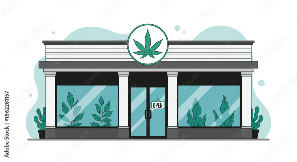 Obraz premium Modern cannabis dispensary storefront illustration with large glass windows and a green marijuana leaf sign in a clean urban setting.