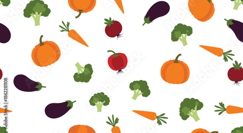 Autumn vegetable pattern featuring pumpkins, eggplants, tomatoes, broccoli, and carrots on a white background for fall harvest and food themes.