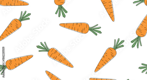 Simple seamless pattern of hand drawn carrots with green leafy tops on a white background ideal for kitchen textiles and garden themed designs.