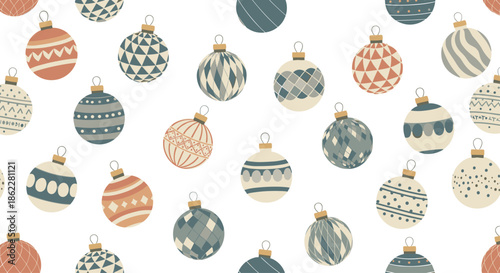 Colorful seamless pattern of various Christmas tree baubles with different patterns and textures on a clean white background for holiday wrap.