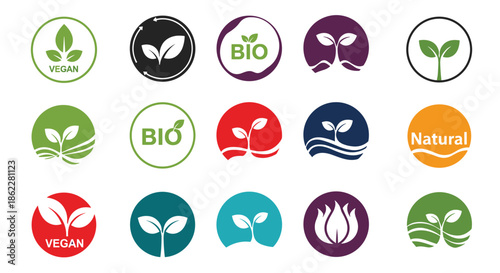 Diverse collection of fifteen green and colorful icons for vegan, bio, and natural products featuring leaf and sprout symbols in circle designs.
