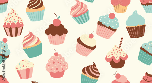 Sweet seamless pattern of various decorated cupcakes with different frostings, cherries, and sprinkles on a warm cream background for bakeries.