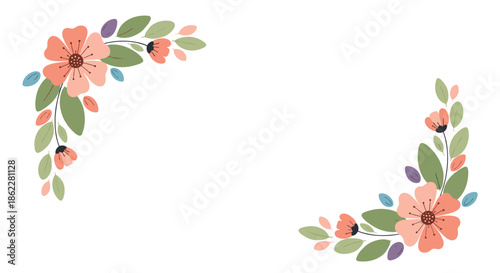 Elegant floral corner arrangements featuring peach flowers and green leaves in a delicate hand drawn style on a clean white background.