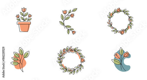 Six modern botanical and floral logos including wreaths and potted plants with soft orange and green colors for branding and product design.
