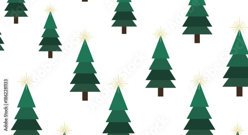 Festive seamless pattern of stylized green pine trees with golden stars on a white background for minimalist Christmas themed decorations.