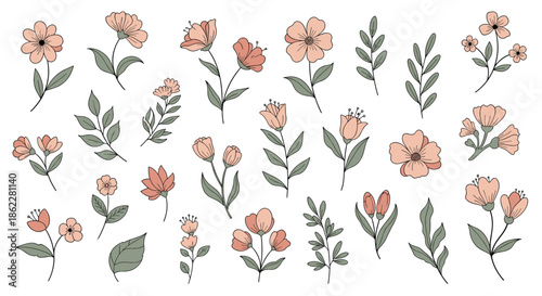 Collection of hand-drawn delicate flowers and leaves with dotted lines in soft pink and green colors on a white background for cards.