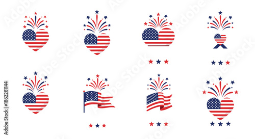 Collection of eight patriotic American flag themed icons including hearts and banners with festive firework displays for independence day.