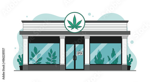 Modern cannabis dispensary storefront illustration with large glass windows and a green marijuana leaf sign in a clean urban setting.