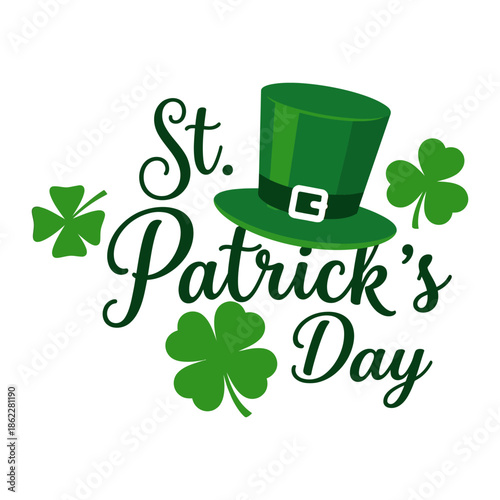 Happy St. Patrick's Day Greeting with Elegant Typography and Green Shamrocks on White Background