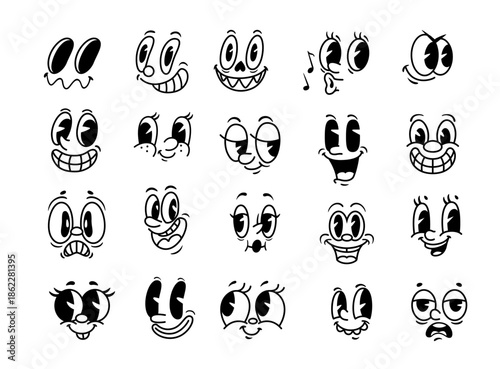 Cartoon vector faces. Happy, sleepy and flirty to confused, whistling and scared, joy, laughter, shock or sarcasm, romantic and goofy. Cartoon expressive face emoji pack, characters stickers