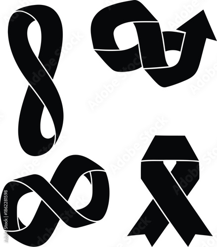 Black Awareness Ribbon Symbols Set with Infinity Loop and Arrow Styles Silhouette 