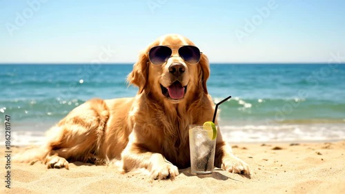Dog wearing sunglasses relaxing on beach with a refreshing drink