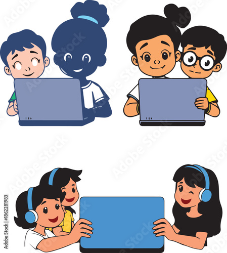 Diverse group of children using laptops for online learning.