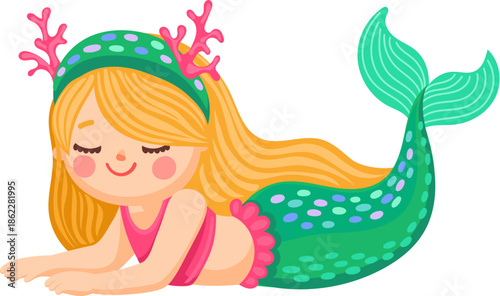 Cartoon mermaid character with orange hair and green tail. Cute smiling and resting young girl princess with seaweed wear. Beautiful summer birthday sticker with marine ocean fairy