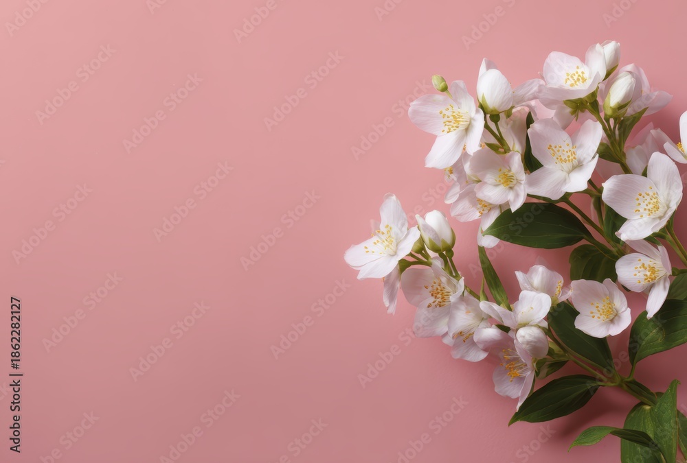 Fototapeta premium White Flowers with Yellow Centers and Green Leaves on Pink Background for Elegant Spring Floral Design