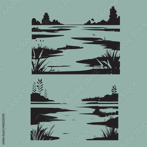Swamp and marsh landscape silhouette set nature scene.