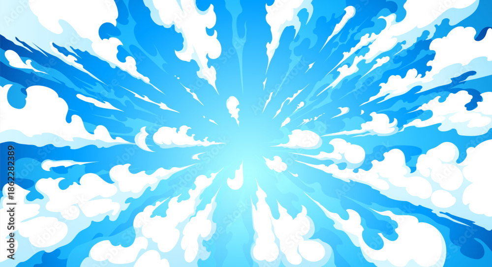 Fototapeta premium Anime manga blue sky background with white clouds stretch out in all directions, cartoon vector. Anime manga sky with summer sunlight and clouds high above view or fly through clouds effect background