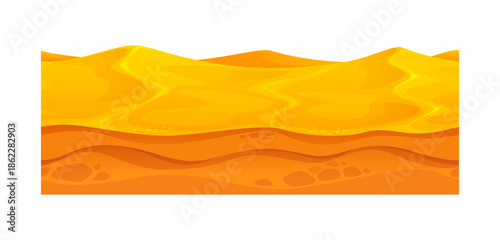 Game ground soil vector layer of hot desert dune with glowing yellow peaks. Game landscape cross section with golden sand hills and darker orange underground. Vector background for games