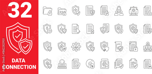 Comprehensive collection of 32 line icons representing data security, privacy, and secure connections
