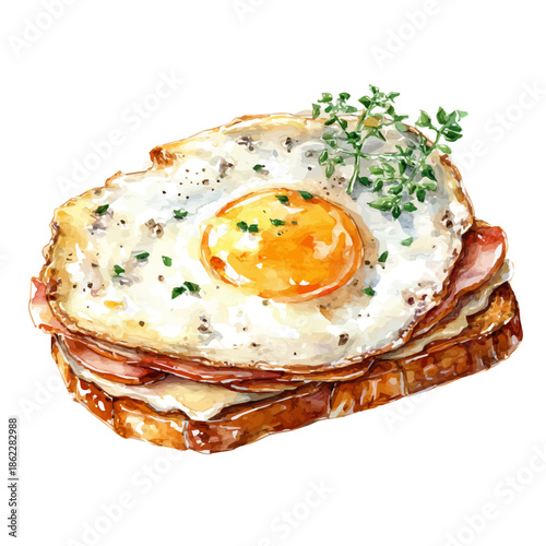 Watercolor-style vector illustration of Croque Madame, isolated on a clean white background.