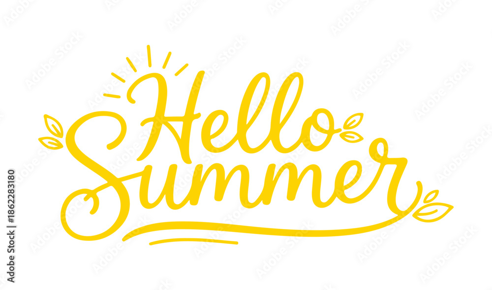Fototapeta premium Hello Summer decorative handwritten logo with sun and leaves, Clean flat vector illustration, custom hand-drawn lettering, fully editable.