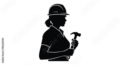 Silhouette of a female construction worker wearing a hard hat and holding a hammer