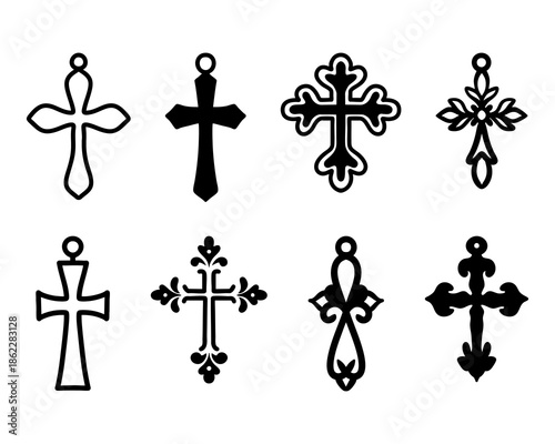 Collection of decorative christian cross silhouettes in various ornamental styles, classic black religious symbols with gothic, vintage and minimal designs arranged as a sacred icon set