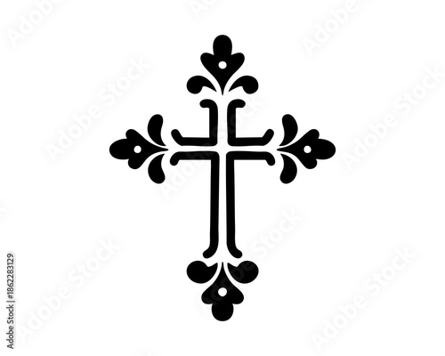 Decorative ornamental christian cross silhouette with elegant symmetrical floral elements, classic religious symbol in black solid style for spiritual, sacred and memorial design