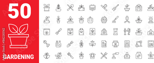 Fifty detailed outline icons representing gardening tools, plants, and cultivation concepts