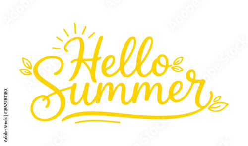 Hello Summer decorative handwritten logo with sun and leaves, Clean flat vector illustration, custom hand-drawn lettering, fully editable.