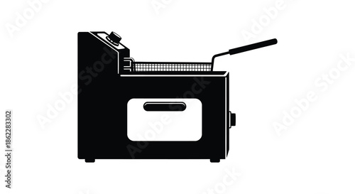 A simplistic black and white illustration depicts a retro style deep fryer appliance