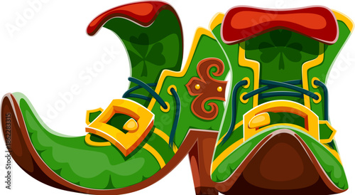 Cartoon leprechaun boots, Saint Patrick day items. Isolated vector green, buckled shoes, pointed at the toes, with shamrock symbols. Irish folklore dwarf footwear for silent movement or swift travel