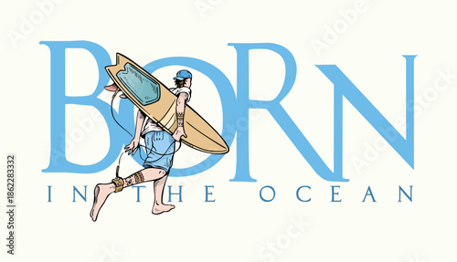 Illustration of a surfer running towards the waves, composed with background text.