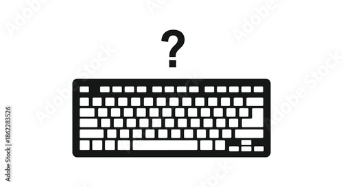 A simple illustration depicting a black computer keyboard with a question mark above it