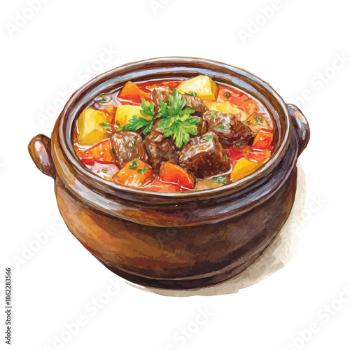 Watercolor vector illustration of Beef Stew, isolated on white background.