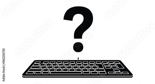 A black question mark hovers above a computer keyboard symbolizing uncertainty and digital queries