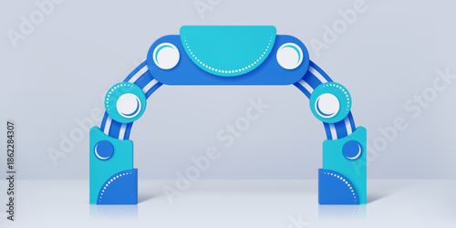 Modern exhibition blue and white event arch gate. Futuristic arch gate with dual pillars connected by curved beams. Trade fair, exhibition, corporate event, conference and festival entrance