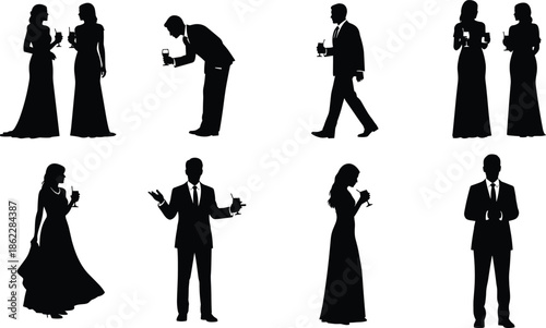 Elegant silhouettes of men and women in formal evening attire socializing with drinks, perfect concept for luxury events, celebrations, cocktail parties and sophisticated gatherings.