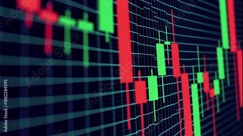 A video showcasing a dynamic stock market graph with green and red candlesticks on a dark background