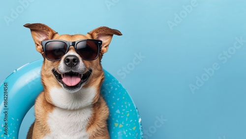Dog Wearing Sunglasses and Sitting on a Pool Float Against a Blue Background ...