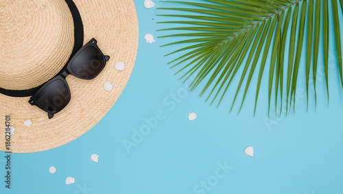 Sun Hat and Sunglasses on a Blue Background With Palm Leaves and Petals