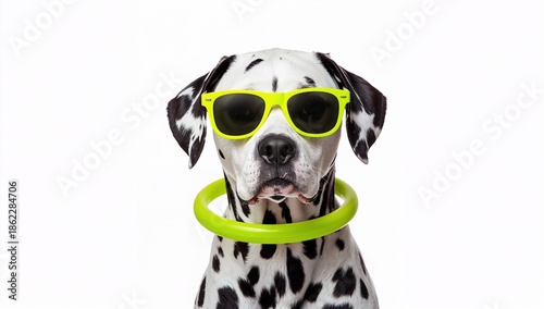 Dog Wearing Sunglasses and a Hoop Shows Fun Style in a Bright Setting