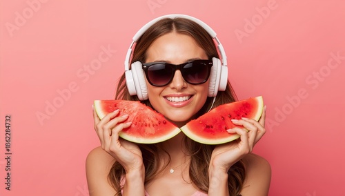 Woman Wears Headphones and Holds Watermelon Slices Against a Pink Background