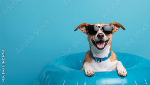Dog Wearing Sunglasses and Sitting on a Pool Float Against a Blue Background ...